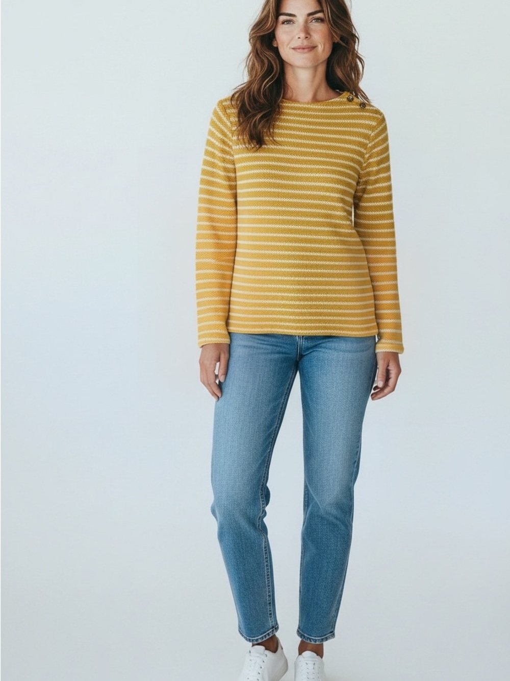 Talbots 100% Cotton Knit Sweater Size Small Mustard Yellow and White Stripes